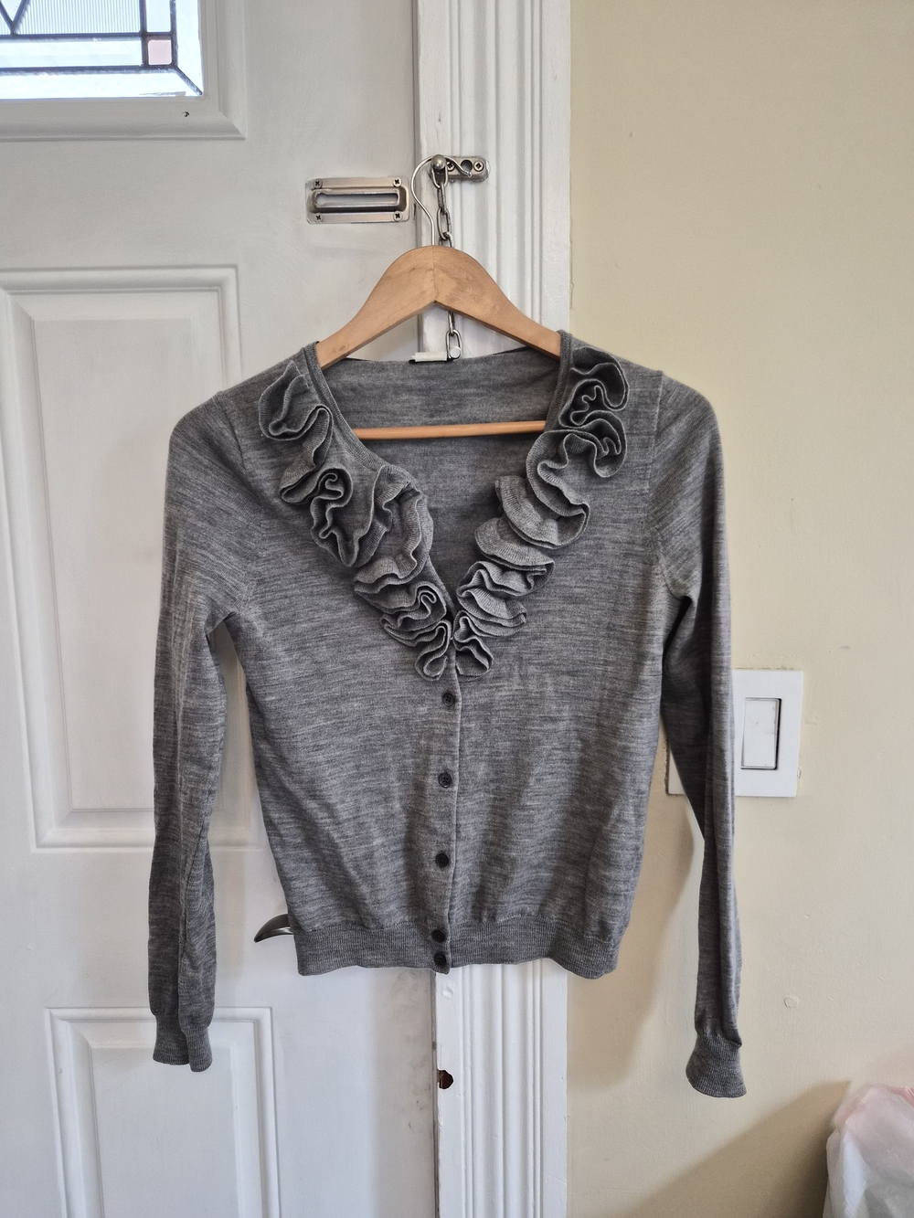 J.CREW MERINO WOOL Gray Ruffle V-Neck Button Cardigan Sweater